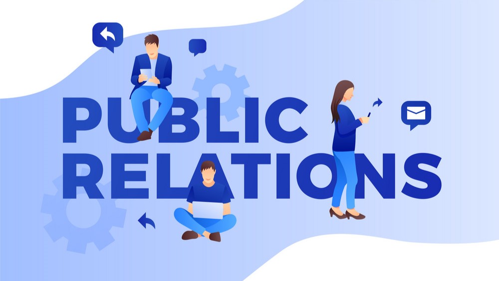 Public relations and marketing background with symbols and people.